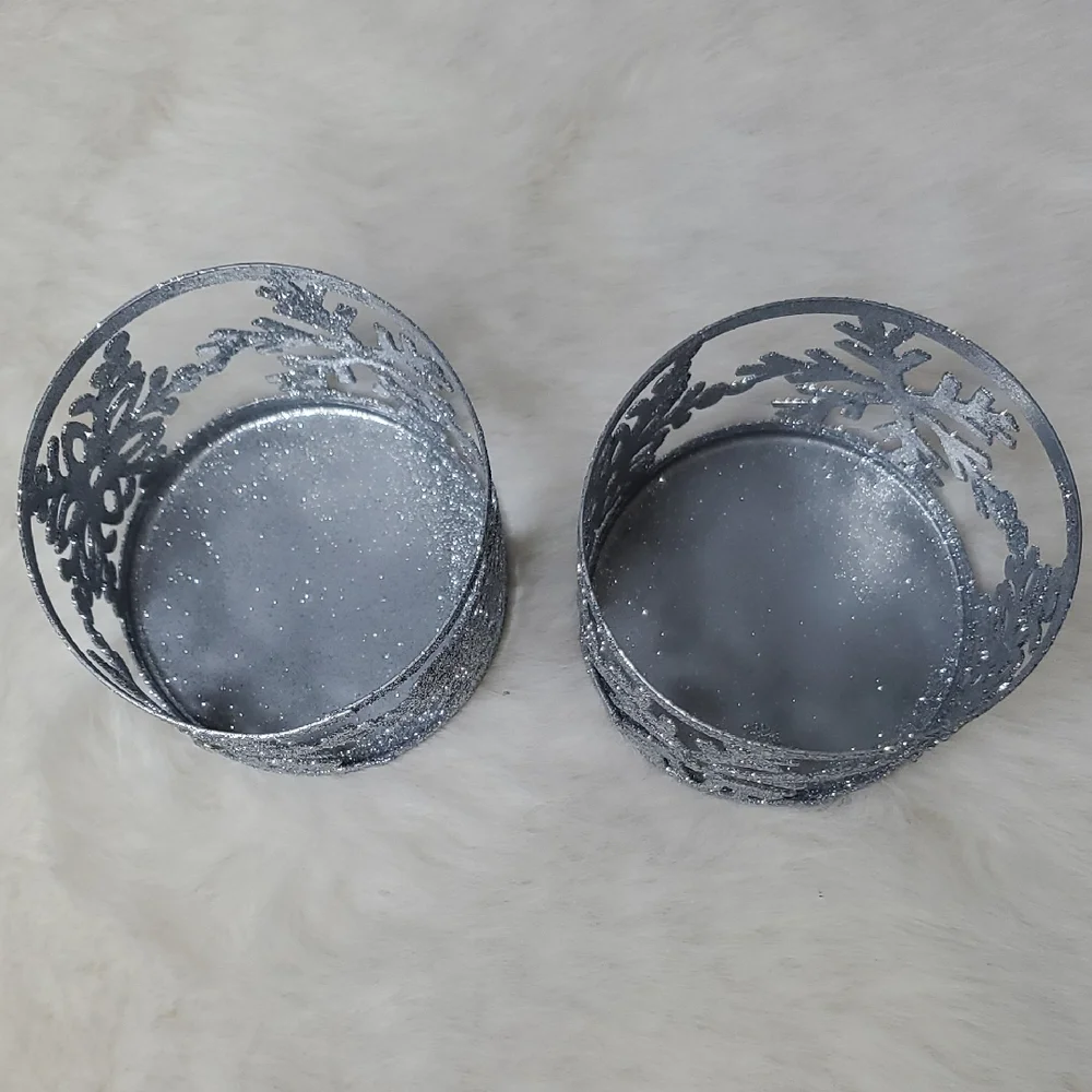 Silver Glitter Snowflake Candle Holders Set of 2 Holiday Winter